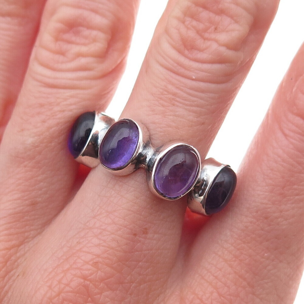 925 Sterling Silver Vintage Real Amethyst Modernist All Around Ring Size 8.5